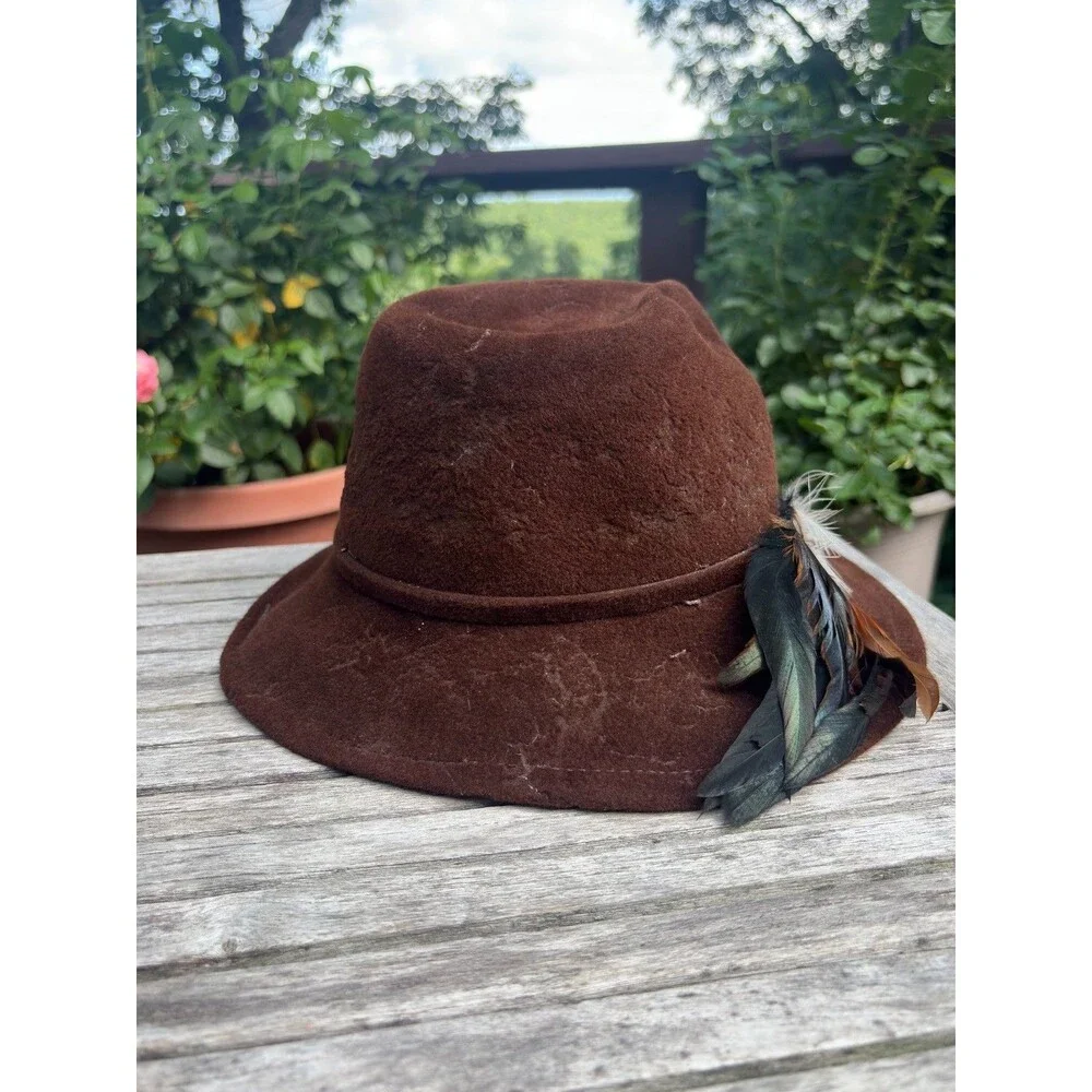 70s Vintage Brown Wool Felt Fedora with Feather *Damaged, Project Hat, Costume*